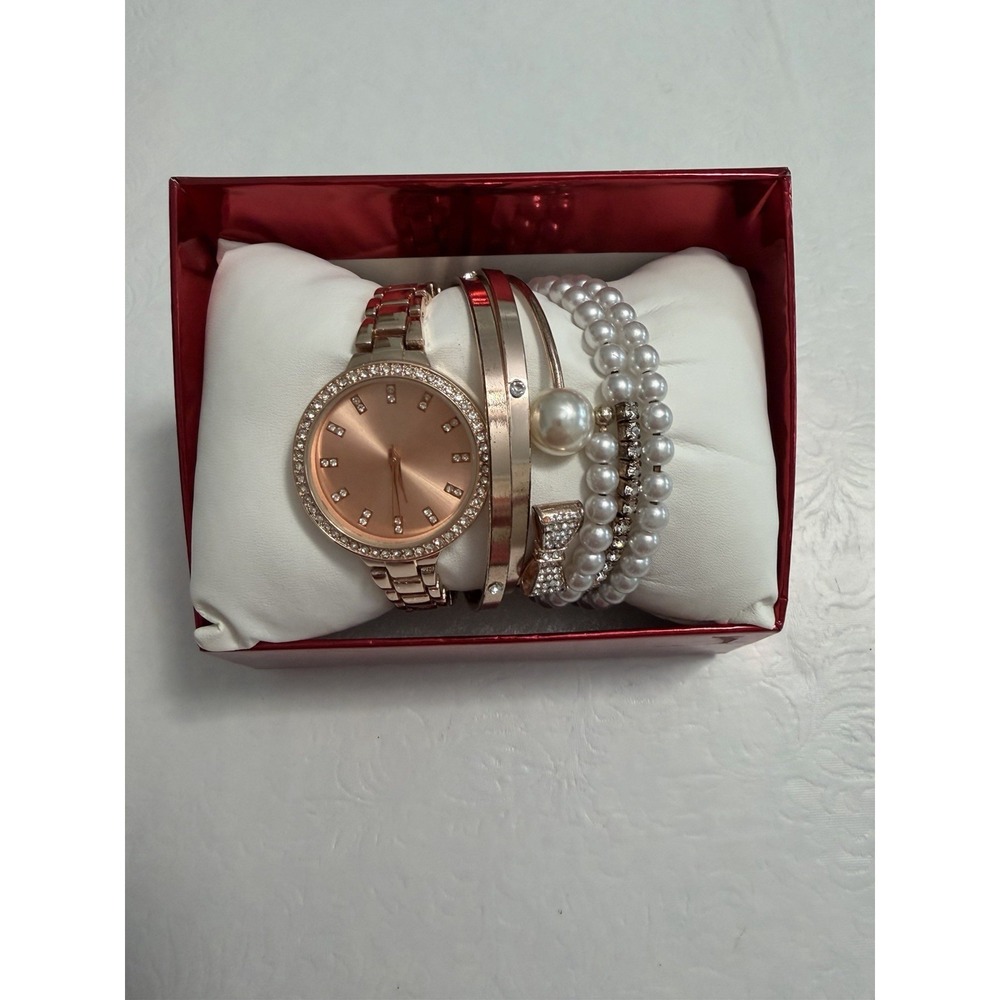 Rose Gold Watch Bracelet Set Rhinestone Pearl Stack Gift Box Womens Banglesโ